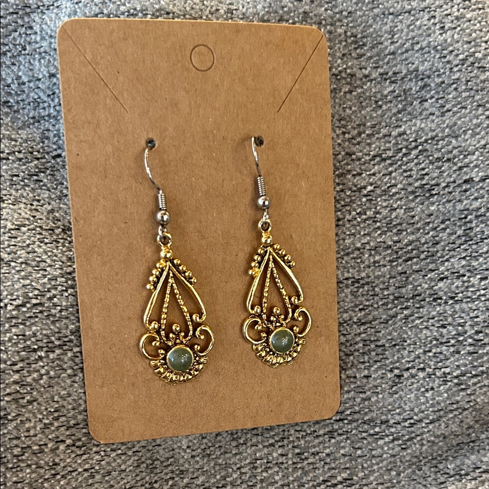 Gold Filigree Drop Earrings with Green Stone